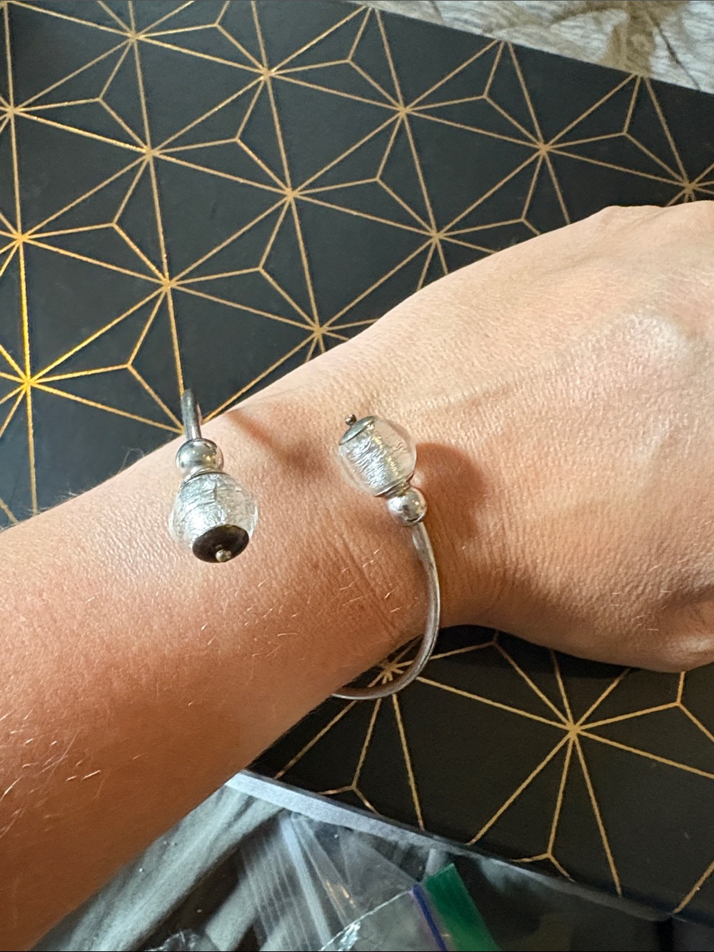 Sterling-Tone Open Cuff Bracelet with Textured Silver Beads